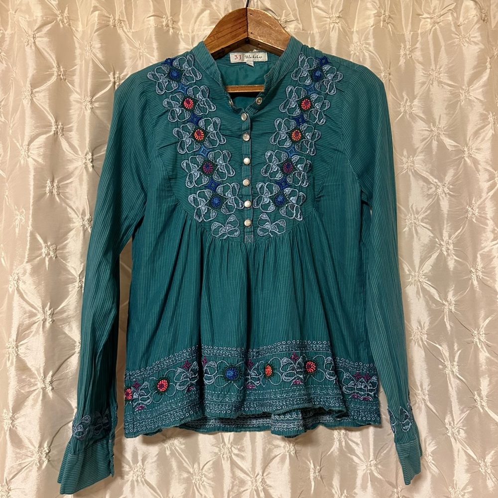 Johnny Was 3 J Workshop Blue Embroidered Prairie Western Shirt Blouse